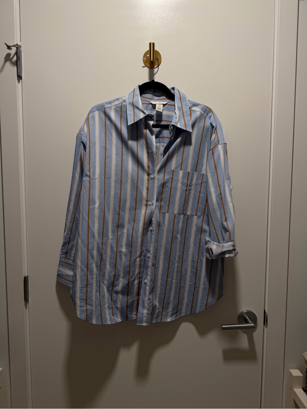 H&M Blue Striped Button-Down Shirt with Tan Accents